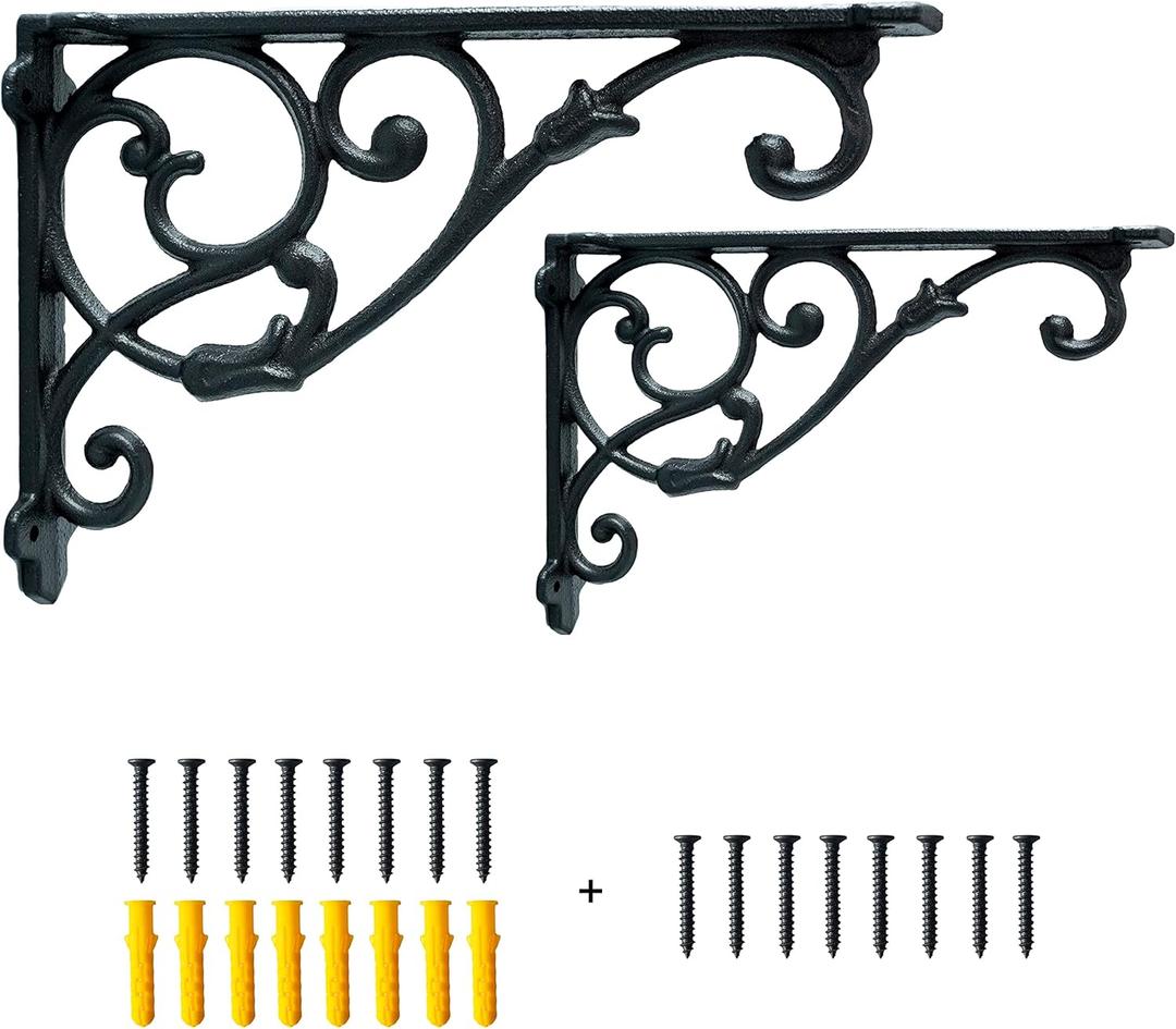 2 Pack Decorative Shelf Brackets,11 Inch Cast Iron Shelf Supply,Antique Black Corbel,Screws Anchor Included