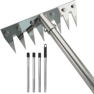 2 in 1 Weeding Rake w/ 60'' Handle, 8-Teeth Garden Weed Puller Tool Heavy Duty Gardening Tool for Lawn, Flower Beds, Cultivating & Soil Aeration (1, Chrome)