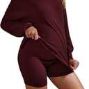 WDIRARA Women's 2 Piece Outfits Ribbed Short Sleeve Drop Shoulder Tee and Shorts Set Maternity Medium, Maternity Maroon
