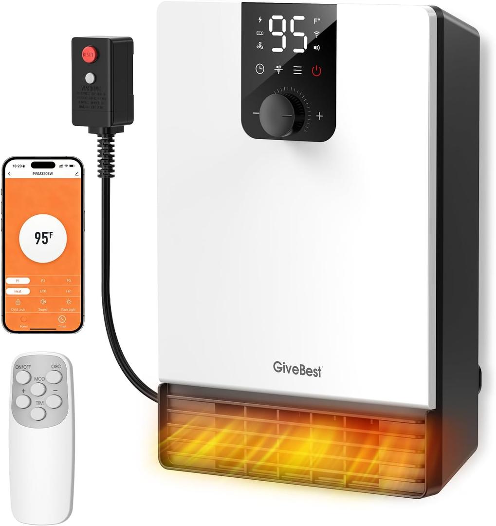GiveBest Smart Wall Heater, 1500W Fast Heating Electric Space Heater for Indoor Use, 3 Heating Modes, Adjustable Thermostat, 24H Timer, Easy Mounted for Bedroom, Office, Home, White