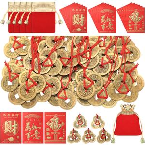 Chuangdi 40 Sets Chinese Feng Shui Coins with Red Ribbon and 24 Pieces Red Envelopes 5 Pieces Gold Lucky Bags Fortune 2026 Chinese New Year Horse Year Lucky Coins for Wealth Health Success Good Luck