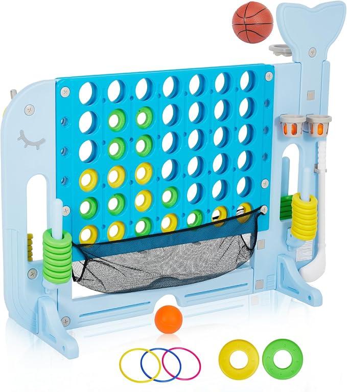 Giant 4-to-Score Game Set,Jumbo 4-in-A-Row Game w/Mesh Pocket and Quick-Release Slide,4-Level Height Adjustable, 4-in-1 Play Design w/Golf, Basketball & Ring Toss for Kids & Adults, Preschool Games