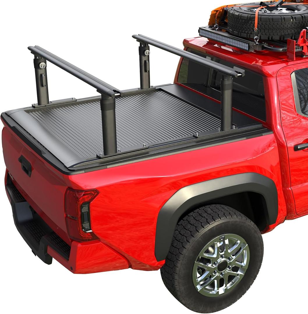 Truck Bed Rack Fit for Tacoma Gladiator Mid Size Pickups with Tonneau Cover w/T-Slot Rails,
 Adjustable 19"-25" Aluminum Truck Ladder Rack Fits Lumber Pipes Kayak Surfboard Bike Tent (without Side Bars)