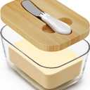 XCC Large Glass Butter Dish with Lid, Upgraded the Capacity to Holds 1lb of Butter, Butter Keeper with Knife for countertop and High-quality Silicone Seal, (Acacia Wood Lid new) (transparent)