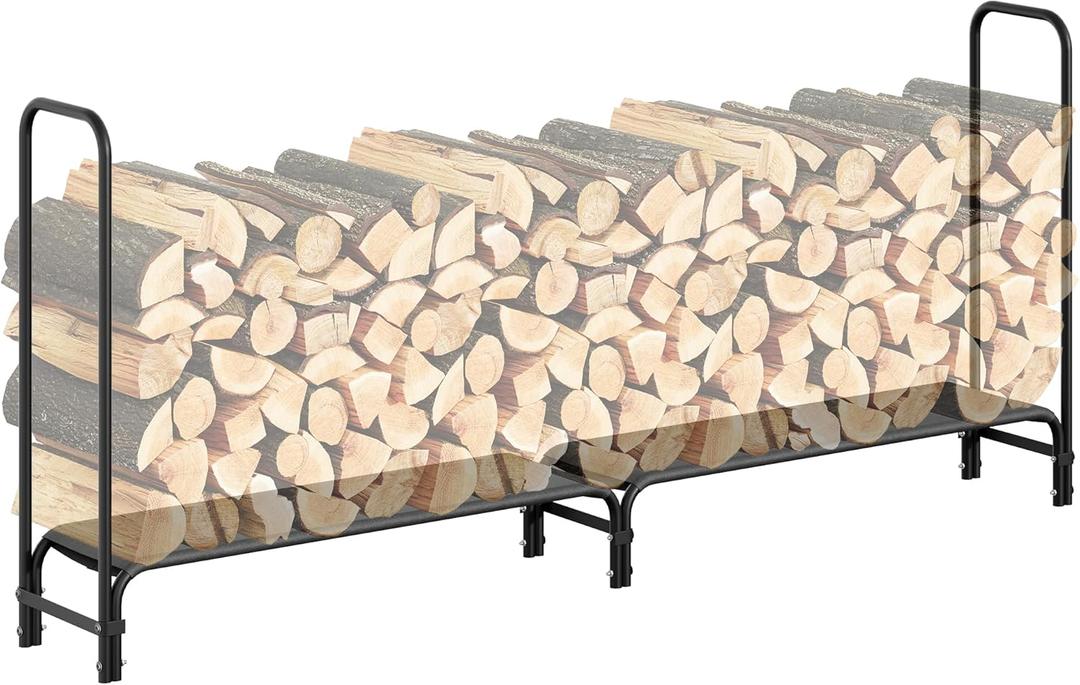 8Ft Firewood Rack Stand, Outdoor Indoor Firewood Rack Holder for Fireplace Wood Storage, Heavy Duty Fire Logs Stand Stacker Holder with Fabric Mesh, Metal Wood Pile Storage Stacker Organizer