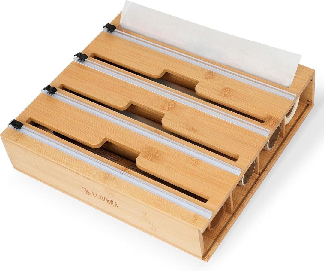 4-in-1 Bamboo Wrap Organizer with Cutter  Holds Plastic Wrap, Foil, Parchment & Paper Towels  Drawer or Countertop Use  Durable Bamboo Dispenser with Labels