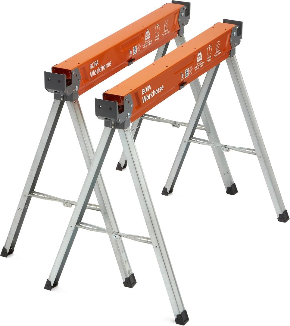 BORA Workhorse Saw horses 2 pack Folding Heavy Duty Metal Sawhorse with 2x4 Bracket Built in Bottle Opener Professional Saw Horse for Woodworking Carpenters Contractors PM-3350T