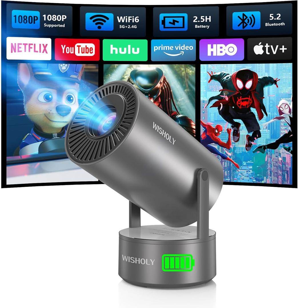 Portable Projector with Built-in Battery for Outdoor & Travel, Mini Projector with WiFi and Bluetooth, 1080P Supported, Electric Focus, Auto Keystone, 210 Rotatable Stand Home Theater( Iron Gray)