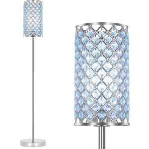 Floor Lamp for Living Room, Crystal Floor Lamp Girl Bedroom Lights, Silver Standing Lamps with Teal Shade, Elegant Standing Light Tall Pole Lamp for Bedroom, Dresser, Office (E26 Base)