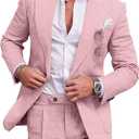 UNINUKOO Linen Suit for Men Summer Wedding 2 Piece Suit Set Peak Lapel Casual Blazer Pants Beach Wear for Men (Large, Light Pink)