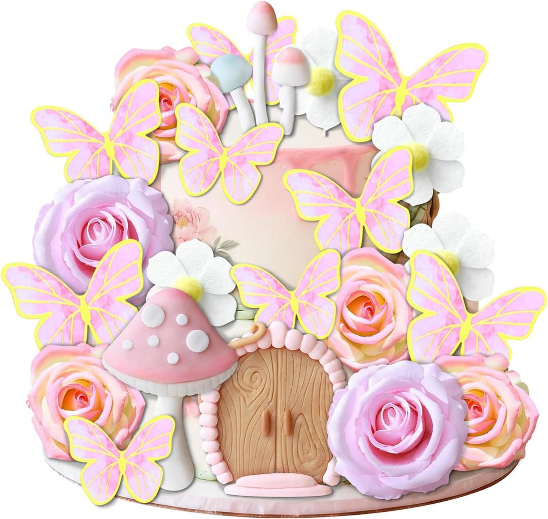 21 PCS Fairy Cake Toppers Mushroom House Cake Decor Butterfly Cake Decor Fairy Garden Topper Fairy Party Supplies