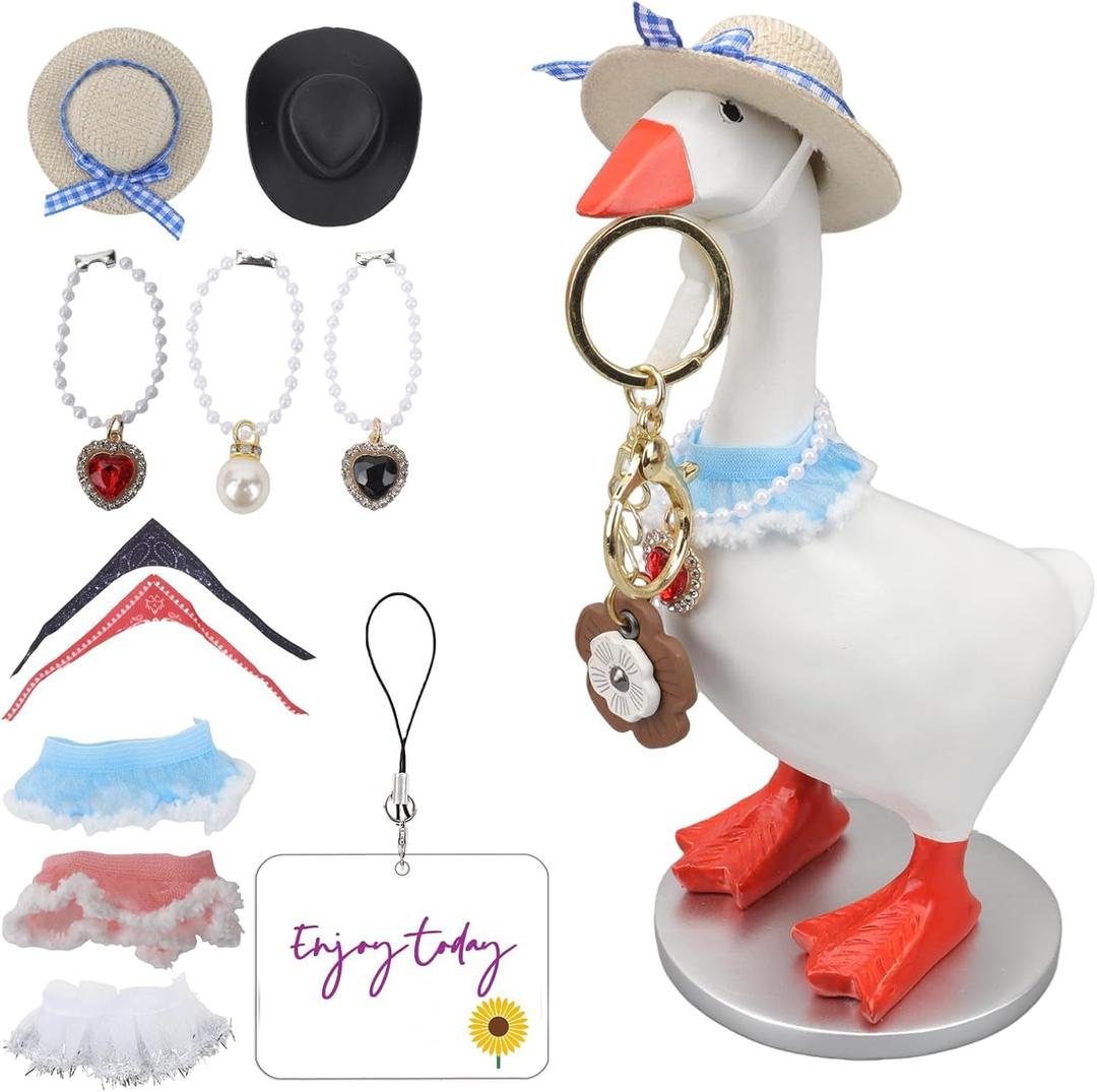 Desk Mini Goose Key Holder 7 inch with 4 set Outfits, Desktop Magnetic small Proch Goose Resin Statue, Cute Figurines Keychain Hanging, Table Decor for Home house Office Bedroom, Housewarming Gifts