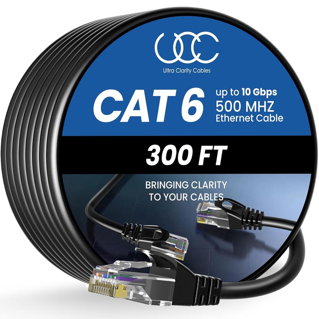 Ultra Clarity Cables Cat 6 Ethernet Cable 300 ft, Outdoor&Indoor 10Gbps Ethernet Cable, High Speed Cat6 Cable RJ45 LAN Internet Cable for Computer, Router, Modem, PS4/5, Xbox, Gaming - Black