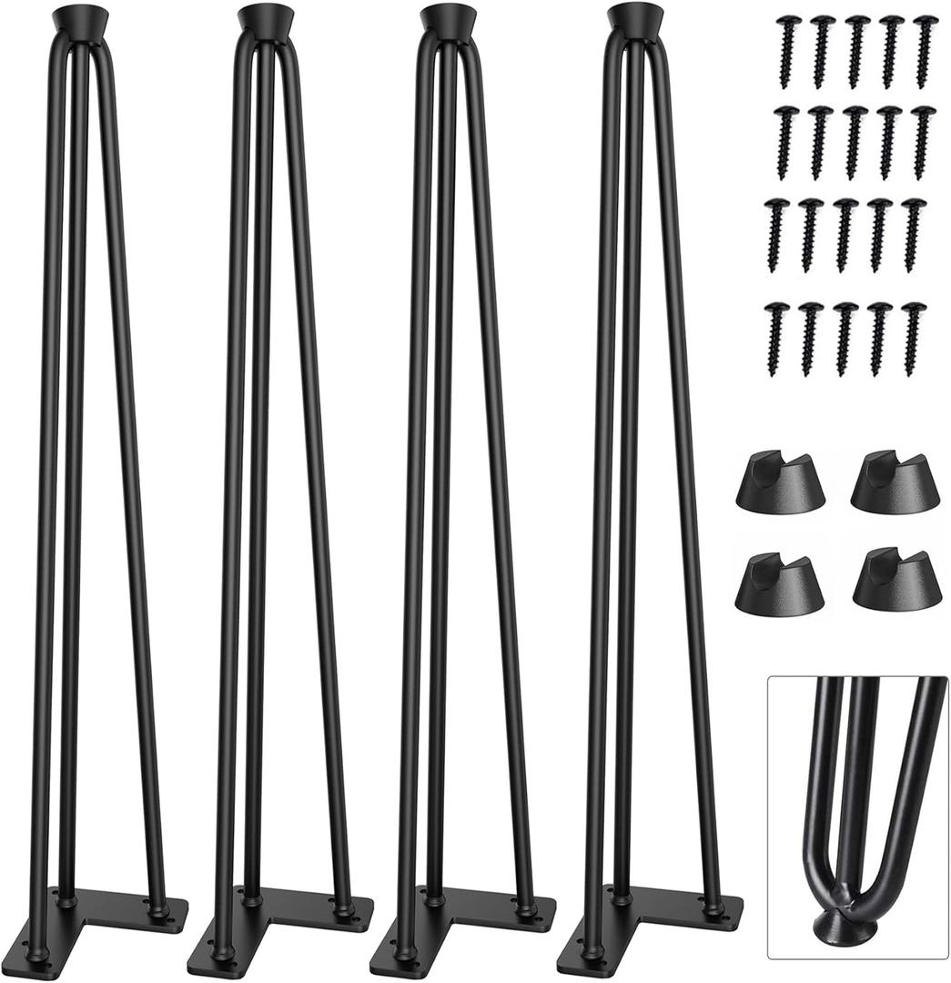 CWLOTAC 36'' Hairpin Coffee Table Legs Set of 4-3 Solid Rods with Metal Desk Table Legs - Industrial Home DIY for Bench Legs, Dining Table Legs, Bar Height Table Legs - 4PCS Rubber Floor Protectors