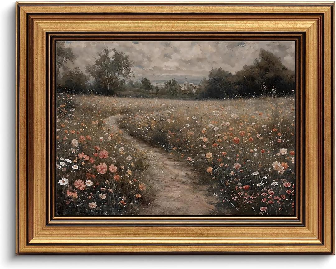 Gold Framed Wall Art Vintage Canvas Wall Art Flowers Path Wildflower Floral Artwork Prints Picture for Living Room Bedroom Farmhouse Bathroom Office Decor, 8x10 (33-Wildflower field)