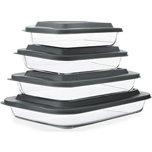 8-Piece Deep Glass Baking Dish Set with Plastic lids,Rectangular Glass Bakeware Set with Lids, Baking Pans for Lasagna, Leftovers, Cooking, Kitchen, Freezer-to-Oven and Dishwasher, Gray