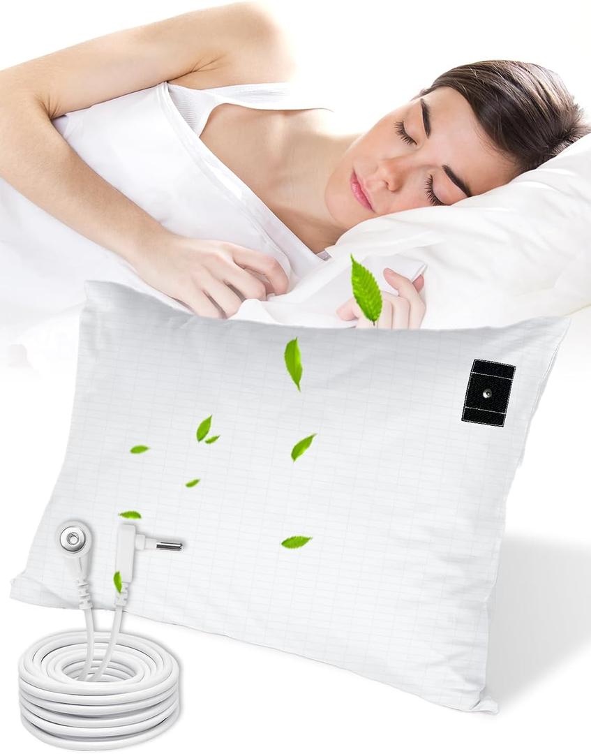 Grounding Pillowcase, 90% Organic Cotton and 10% Silver Fiber Grounding Pillow Case with 15ft Grounding Cord, White Sleep Pillow 20x30 inch for Improve Sleep Improving Energy