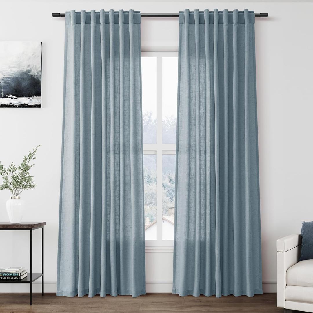 Nanspring Light Blue Linen Curtains 84 Inch Length 2 Panels Set for Living Room Rod Pocket Back Tab Light Filtering Window Drapes for Bedroom Dining Room Protect Privacy Modern Farmhouse Decor 52x84
