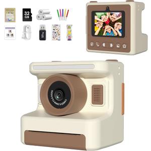 Kids Camera Instant Print, Instant Print Camera for Kids with 32GB SD Card, Toddler Gift for Ages 6-12, Grayscale Printing No Ink Needed Thermal Printer, 48MP FHD Video, 2.4" Screen (Brown)