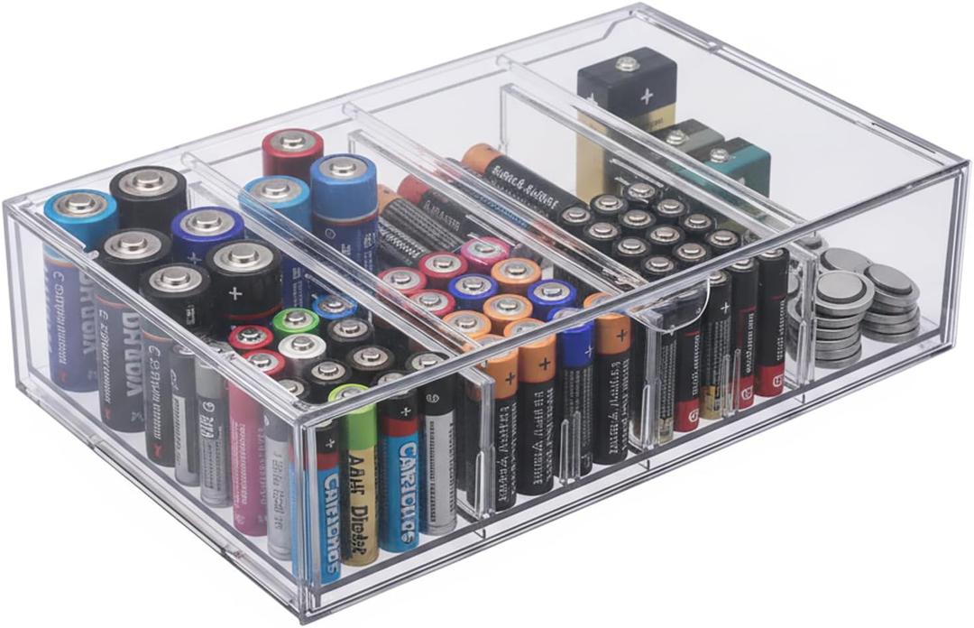 Lolytama Battery Storage Organizer,Acrylic Battery Holder Organizer with Handle,4 Compartments Battery Storage Case,Battery Storing Box for AA,AAA,C,9V,D,Batteries, (Clear)