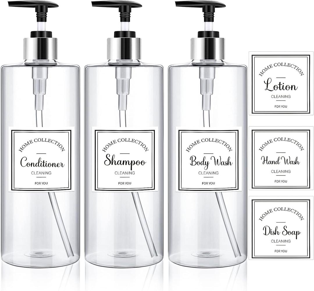 Marsui 3 Pcs Clear Soap Dispenser Set 25 oz Plastic Pump Bottles Dispenser with 6 Label Sticker Kitchen Bathroom Refillable Liquid Dispensers for Lotion Body Wash Hand Dish Soap(Black and Silver)