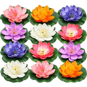 12pcs Floating Foam Lotus Flowers with Lily Pads, Artificial Pond Plants Ornaments for Pool Aquarium Water Decoration, Colorful