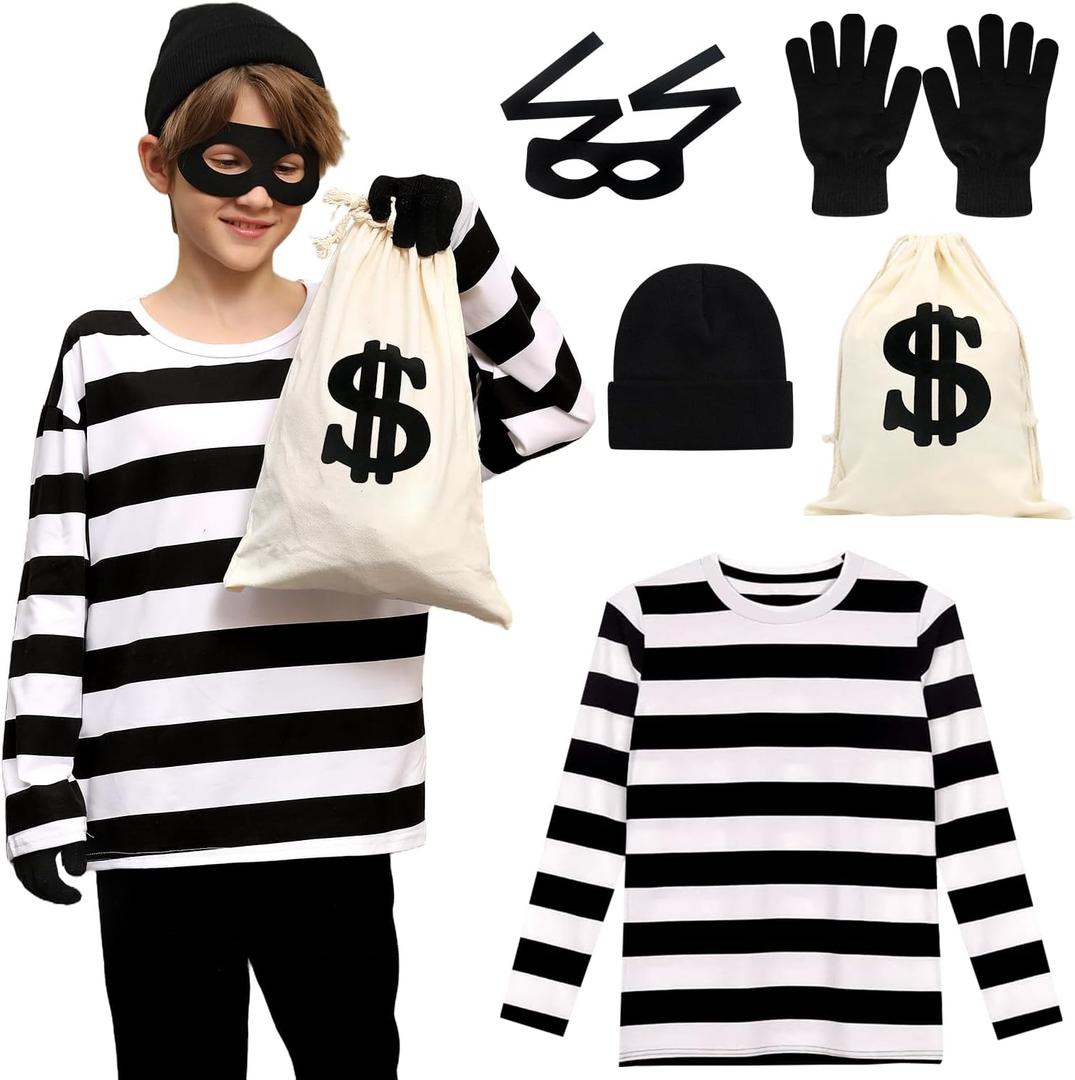5 PCS Halloween Kids Bank Robber Costume Set, Include Black and White Striped Shirt for Burglar Thief Cosplay (8-10 Years)