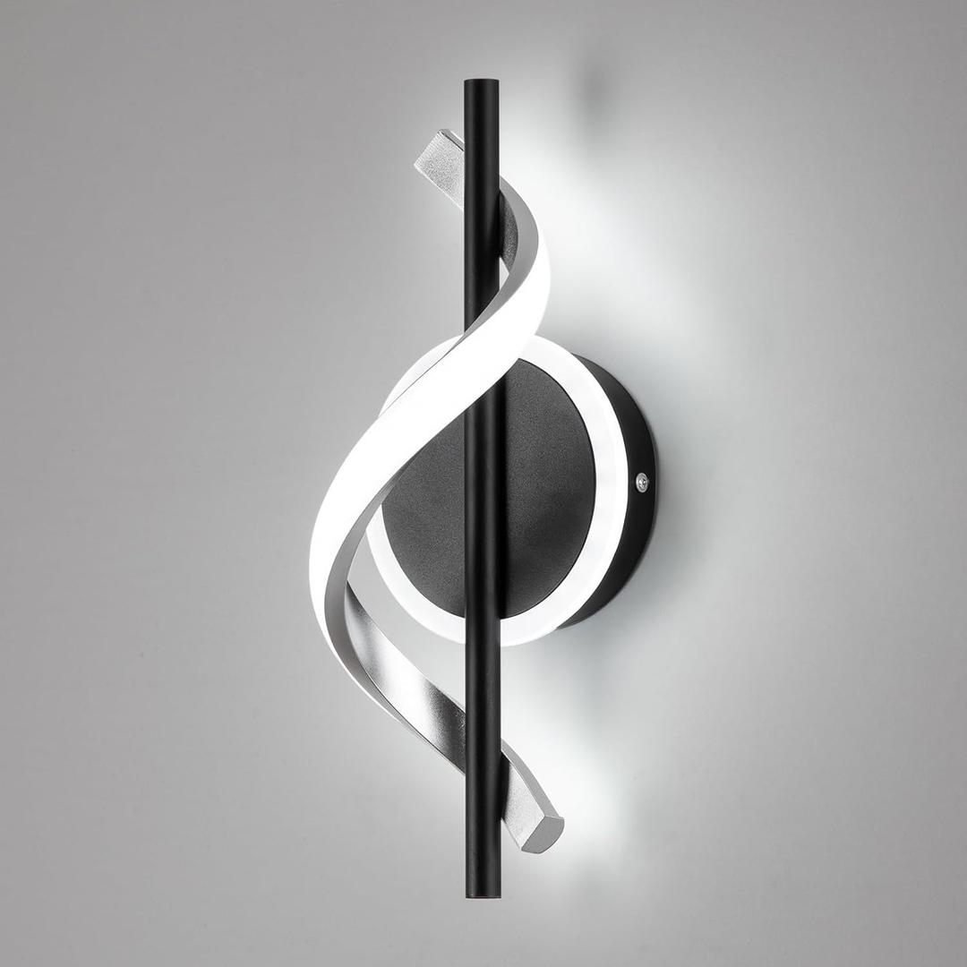 LED Wall Sconces Indoor, 12W LED Wall Mount Lights, Modern Spiral Wall Lamp, 6000K Cold Light Fixture for Stairs, Living Room, Bedroom, Aisle, Hallway (Cold White, Black) (1Pack,Hard-Wired)