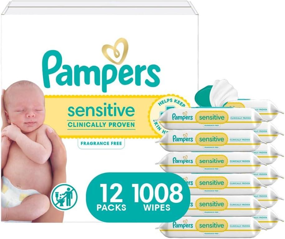 Pampers Sensitive Baby Wipes, Water Based, Clinically Proven, Hypoallergenic, and Unscented for Babies, 1008 Wipes Total (12 Flip-Top Packs)