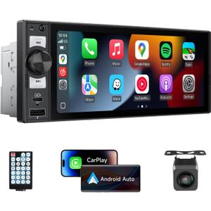 Single Din Car Stereo 6" Wireless CarPlay & Android Auto in-Cell Touchscreen,Bluetooth,FM/AM Car Radio,Mirror Link,SWC,EQ,USB&Type-C,GPS Navigation,Backup Camera