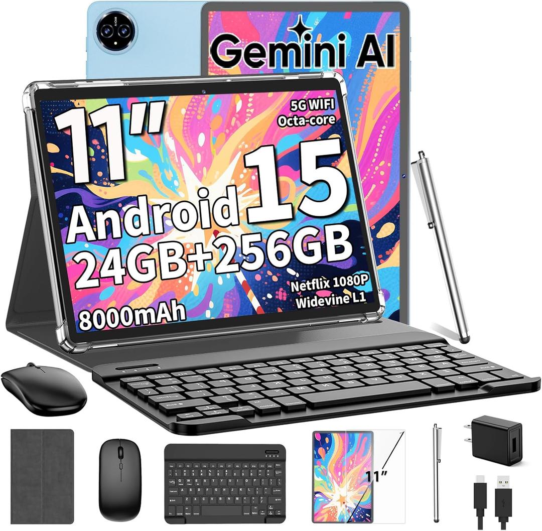 2026 Android 15 Tablet, 11 inch Tablet with Keyboard, 24GB+256GB+2TB Expand, Octa-Core, 8000mAh, Gemini AI Tablets PC with 5G/2.4G WiFi, BT5.0, GPS, 2 in 1 Tablets with Case, Mouse, Stylus(Silver)
