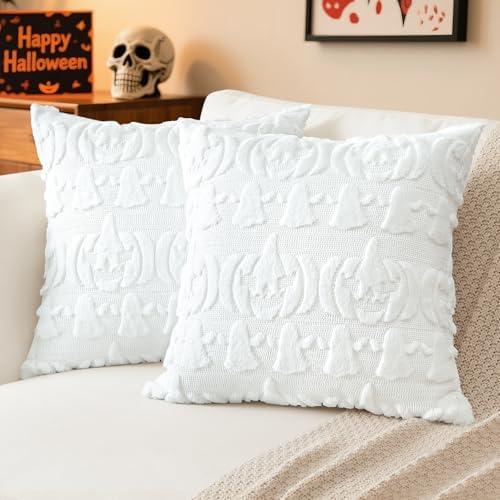 Pack of 3 Artscope Halloween Pillow Covers 16 x 16 Set of 2 Decorative Ghost Holiday Pumpkin Throw Pillow Cases Soft Plush Faux Fur Couch Cushion Case for Farmhouse Halloween Sofa Bed Room Home Decor-White