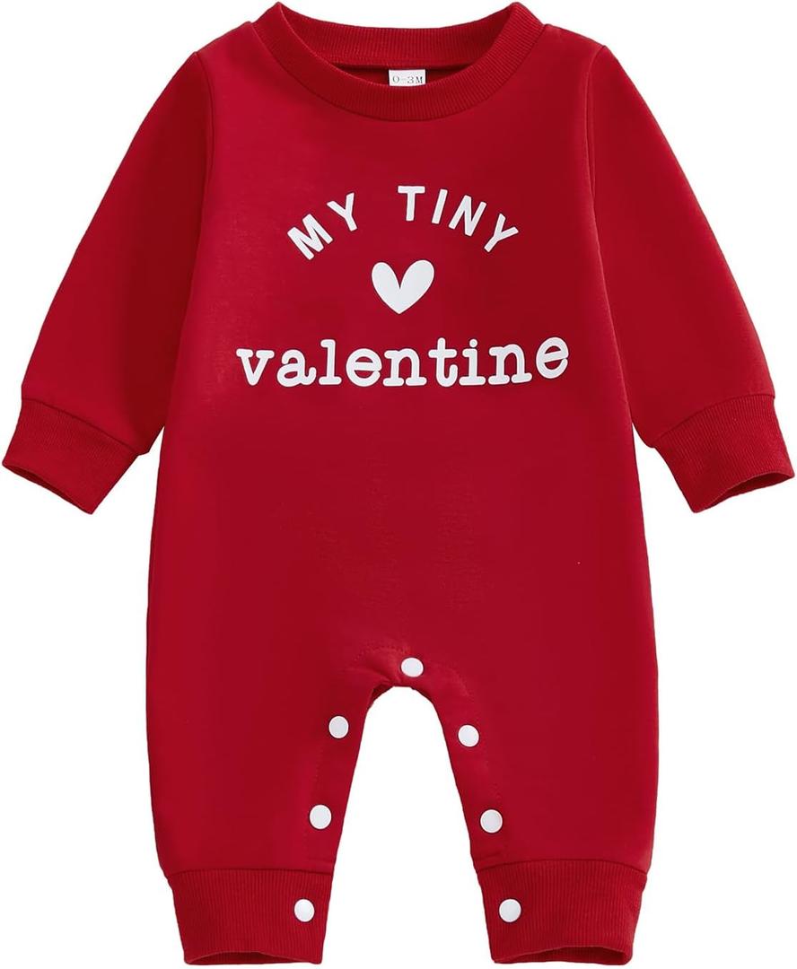 BemeyourBBs Newborn Baby Boy Fall Winter Clothes Long Sleeve Romper Jumpsuit Cute Infant One Piece Outfit (3-6 Months, Heart My Tiny Valentine Red)