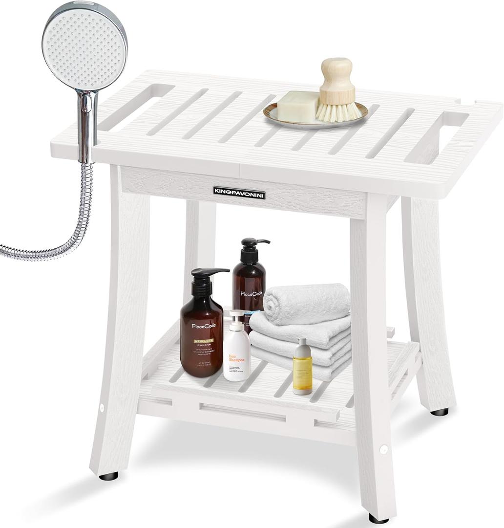 KingPavonini HDPS Shower Benches for Inside Shower to Sit on, Waterproof Shower Stool for Shaving Legs, 400LBS Shower Seat with Storage Shelf, Shower Chair for Inside Shower (Medium, White)