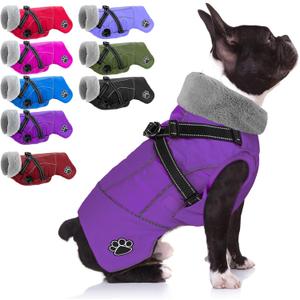 Doglay Dog Jacket Waterproof Dog Coat with Harness Built in, Christmas Puppy Winter Coat Reflective Turtleneck Puffer Snow Jackets for Small Medium Large Dogs (Purple), Size: Medium