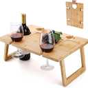 Peohud Portable Wine Picnic Table, Foldable Champagne Picnic Snack Table Tray, Wooden Outdoor Picnic Table with Glass Holder for Park, Beach, Camping, Bed, Wine Lover Gift