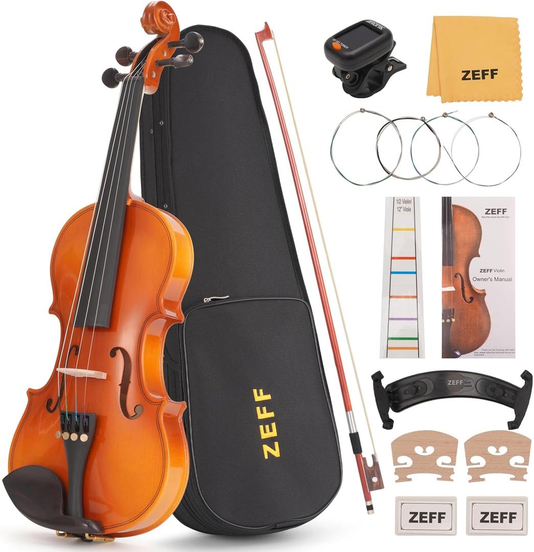 ZEFF Violin 4/4 Full Size for Beginners, Acoustic Fiddle with Bow, Case, Tuner, Bridge, Strings, Starter with Accessory Kit, Maple Wooden Stringed Musical Instruments (Gold,Full)