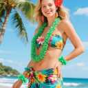 Hawaiian Luau Party Outfit for Women Girls - Green Leis Garland, Red Tropiacl Flower Hair Clip & Blue Stitch Ears Headband for Halloween