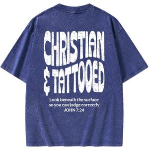Graphic Tees Summer Women Men Cotton Novelty Oversized Crew Verse in Bible Christian Washed T-Shirt (Blue, XL)