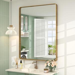 26x36 Gold Framed Mirror for Bathroom, Brushed Gold Mirror with Metal Frame, Modern Rectangle Brass Vanity Mirror for Wall, Shatterproof, Anti-Rust (Horizontal/Vertical)