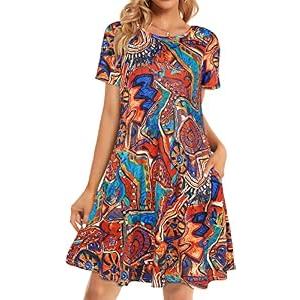 Elescat Summer Dresses for Women Casual Short Sleeve Cocktail Loose Round Neck Sundress Beach Cover Up with Pockets(Vintage Painting, L)