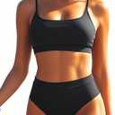 Tempt Me Women High Waisted Bikini Set Athletic Two Piece Swimsuits Sporty High Cut Bathing Suit with Scoop Neck (Black)