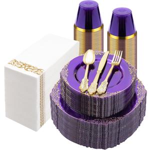 Bestluck 350PCS Clear Purple Plastic Plates for 50 Guests, Disposable Plates with Gold Trim include 50 Dinner Plates, 50 Dessert Plates, 150 Gold Silverware, 50 Cups, 50 Napkins for Party, Wedding