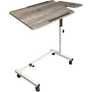 Recliner Table, Over The Bed Table with Wheels, Adjustable Width & Height, with Split-Tilt Design & 4 Caster Wheels with Brakes (White Base & Wood Grain Tabletop)