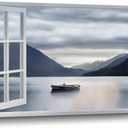 Lake Nature Landscape Wall Art: Large Mountain Scenery Canvas Artwork Window View Boat Print Painting Decor Calming Horizontal Yosemite Picture for Living Room Bedroom Home Office, 48"L x 24"W