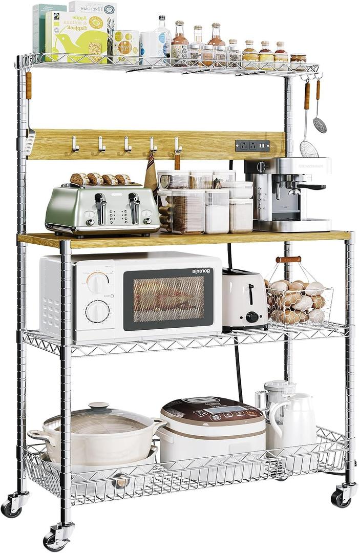 Bakers Rack with Power Outlet & Storage, 33 Inch Microwave Stand Kitchen Shelf Storage Rack, Coffee Bar Cart with Wheels & Hooks, 4-Tier Metal Kitchen Shelves Cart, Chrome