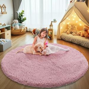 Fluffy Round Area Rugs for Bedroom,3'X3'Shag Circle Area Rugs for Living Room,Non Slip Fuzzy Plush Rug for Kids Room Boys Girls Room and Dorm Home Decor Rug (Blush)