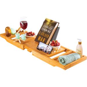 Wooden Bathtub Tray - Foldable Expandable Bamboo Bath Tray for Tub with Holder, Book & Tablet Stand - Bath Caddy for Bathtub, Spa Bath Accessories for Women, Tub Tray Table, Gift for Her or Him