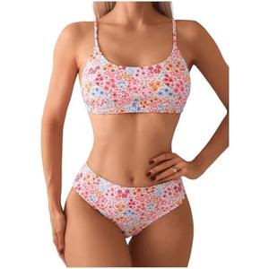 SweatyRocks Women's 2 Piece Bikini Set Ditsy Floral Print High Cut Bathing Suit Beachwear,  Pink and White, Small