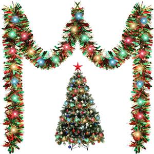 Kingdder 16.4 ft Christmas Tinsel Garland Lighted Metallic Twist Tree Decoration Prelit Battery Operated 50 LED Hanging Garland for Xmas New Year Home Outdoor Decor(Multicolor, Red and Green)